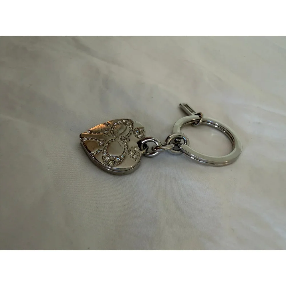 Coach Silver Heart Locket Keychain Crystal C Logo Bag Charm
